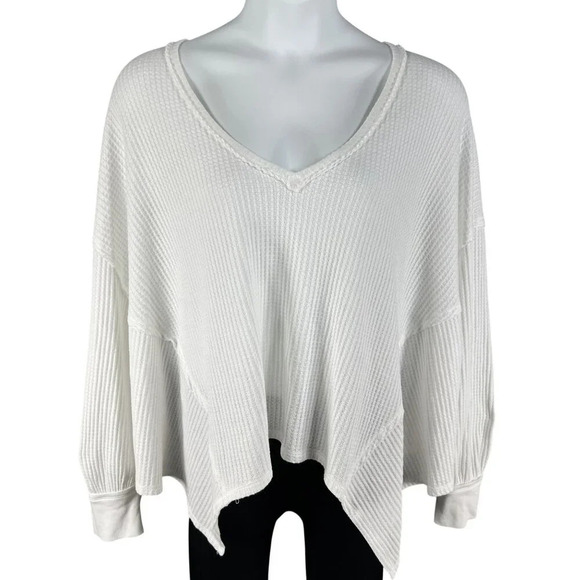 Free People Women Large White Caroline Thermal Top Asym Hem Waffle Knit Pullover - Picture 8 of 13